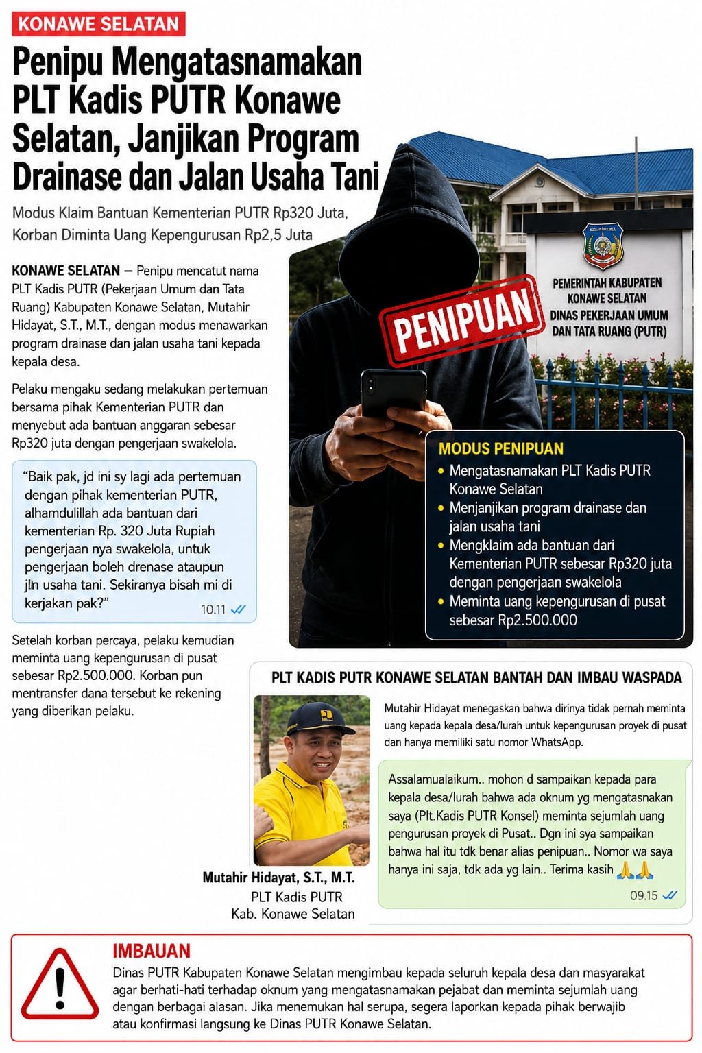 Oknum Penipu Catut Nama Plt Kadis PUTR Konsel, Korban Dijanjikan Program Drainase dan Jalan Usaha Tani